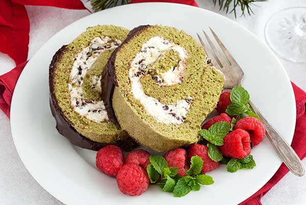 Gluten Free Matcha Chocolate Swiss Roll Cake